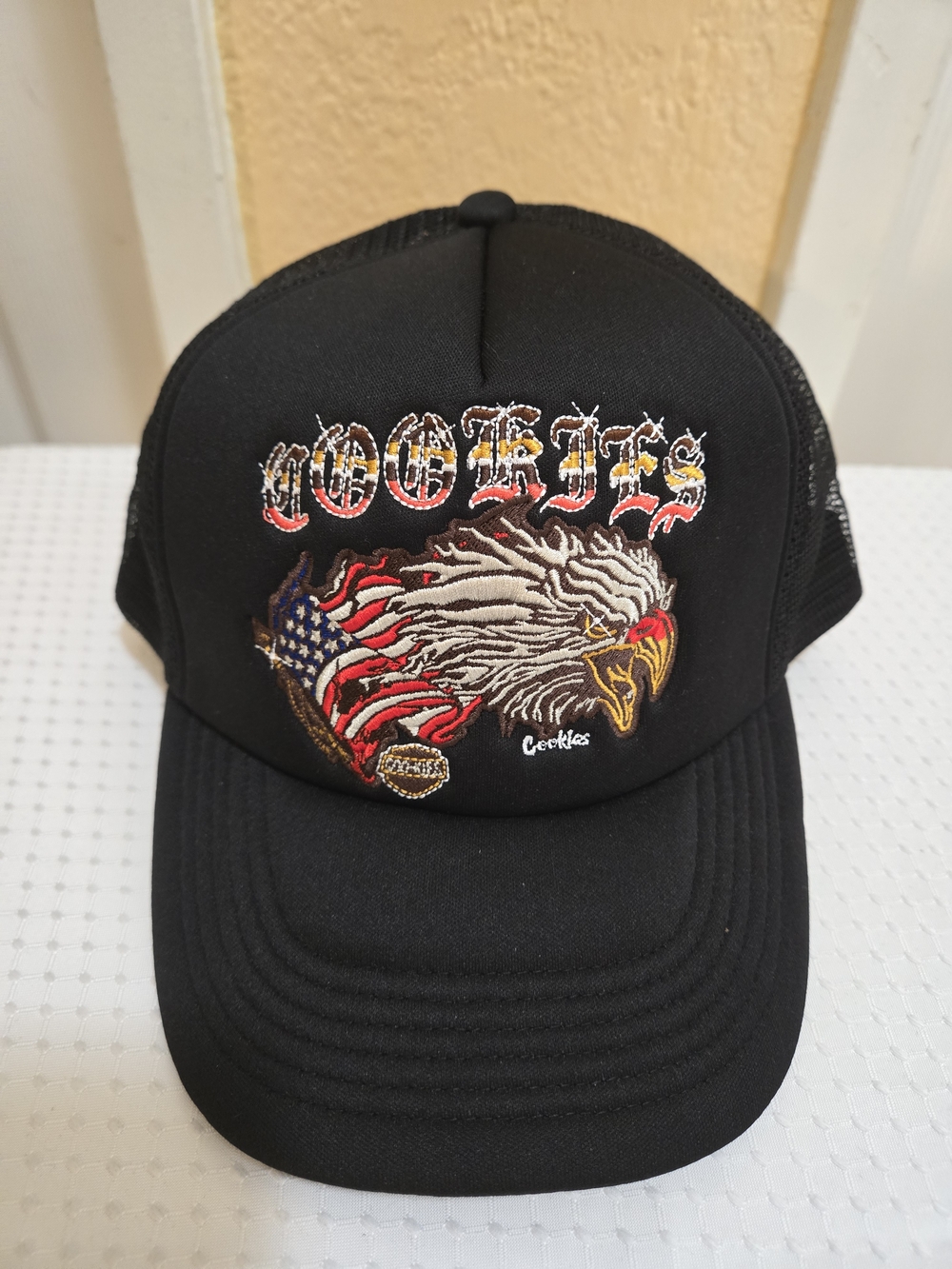 Cookie's Black Trucker Hat with Embroidered Eagle and American Flag